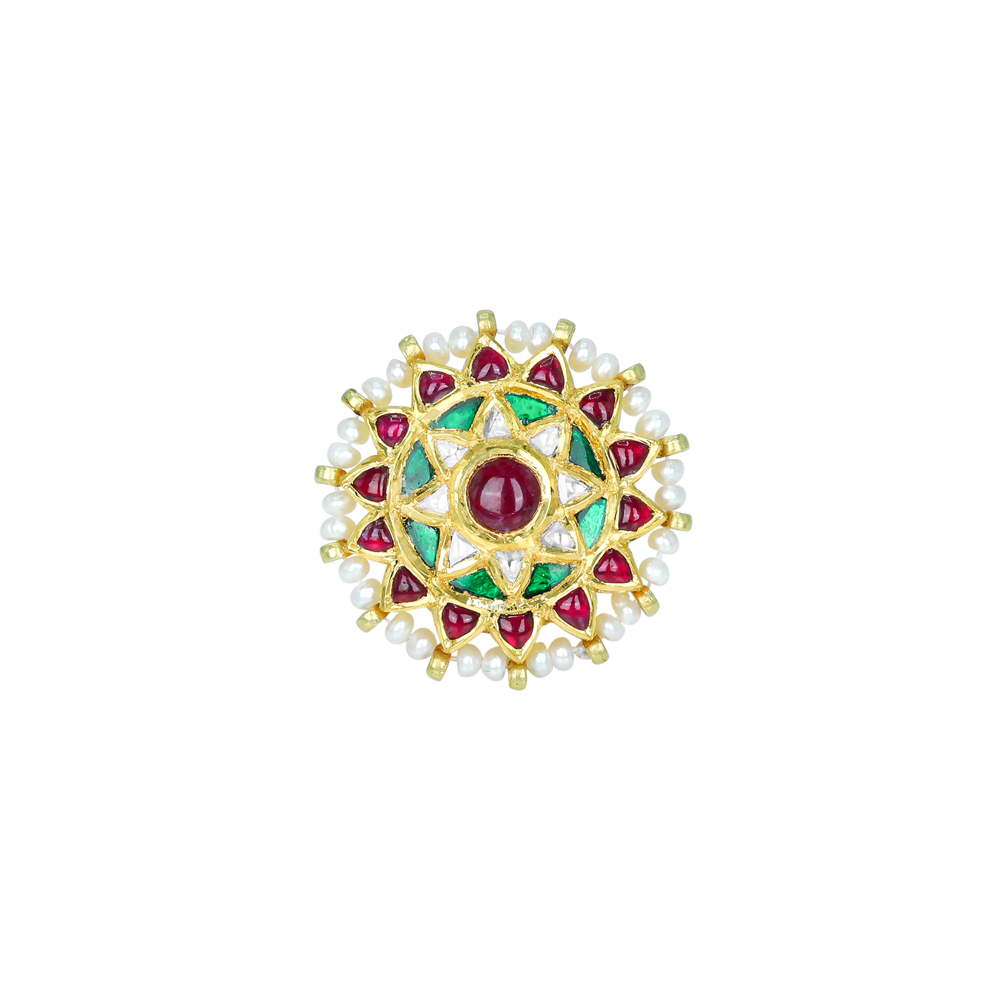 Polki Borla with Red Green colourstone, and Pearl String